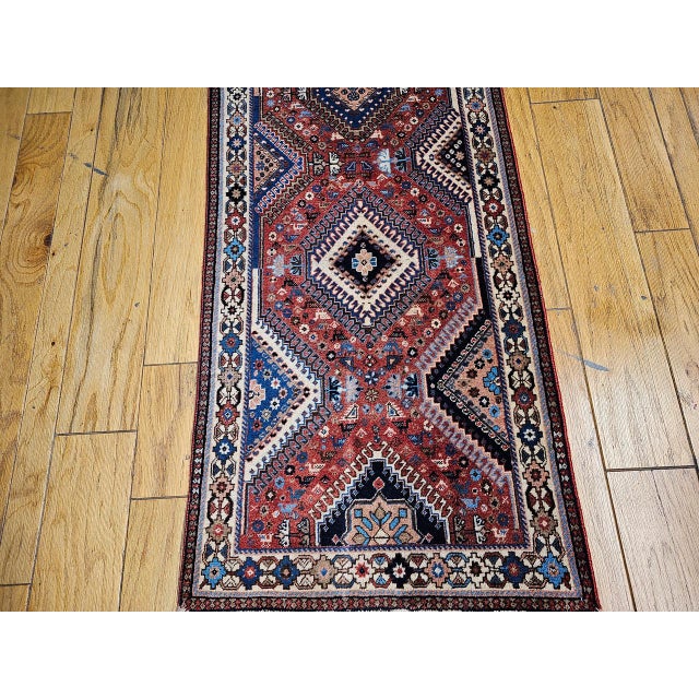 Red Vintage Persian Shiraz Tribal Runner Rug, Hand-Knotted Wool, Geometric Medallion Pattern, Red & Blue, 3x10 For Sale - Image 8 of 15