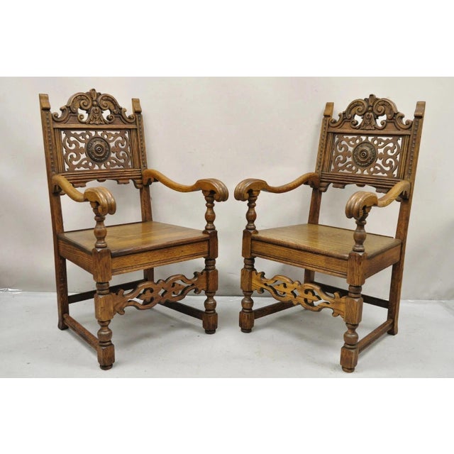 Antique Vanleigh Carved Oak Italian Renaissance Style Throne Arm Chairs - a Pair. Item features original label, solid oak...