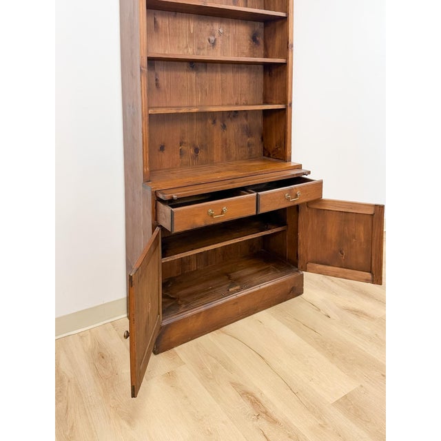 Brown Handmade Pine Walnut Tone Bookcase Desk Drawers Cabinet Antique Style For Sale - Image 8 of 16