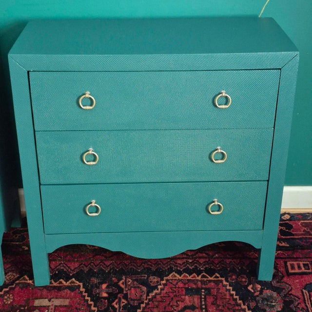 2020s Hollywood Regency Green Painted 3-Drawer Chests Nightstands Credenza, a Pair For Sale - Image 5 of 12