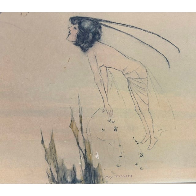 Early 20th Century Early Framed Illustration - Stylized Fairy Figures Swimming With a Koi Fish, Signed For Sale - Image 5 of 9