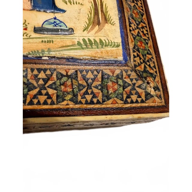 Mid-Century Persian Khatam Kari Inlaid Marquetry Cigarette Box With Hand-Painted Miniature Scene For Sale - Image 4 of 9