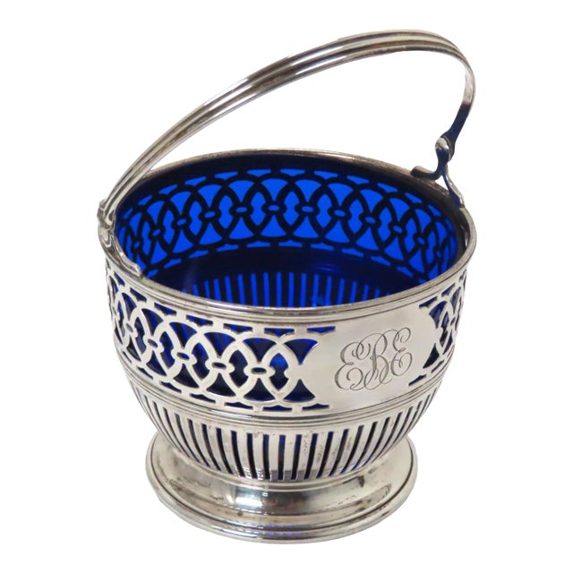 Antique Edwardian Sterling Silver With Cobalt Glass Nuts & Candy Basket For Sale