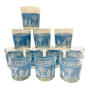 Vintage Jeanette Glass "Hellenic" Tumblers Wedgwood Blue Greek - Set of 11