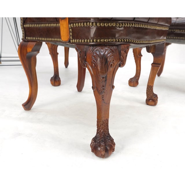 Brown Brown Leather Chesterfield Backs & Seat Carved Walnut Armchairs Fireside Chairs For Sale - Image 8 of 13