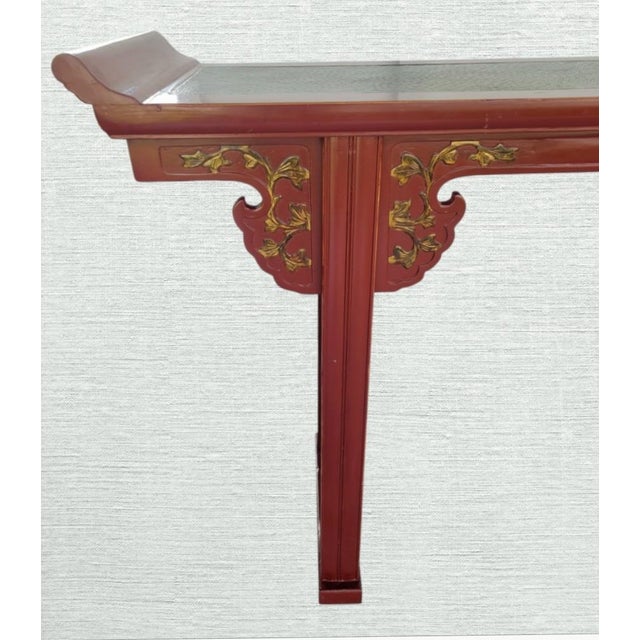 Vintage Chinoiserie Regency Style Red Lacquer Altar Console Table With Gold Leaf Cutput Accents For Sale In West Palm - Image 6 of 11