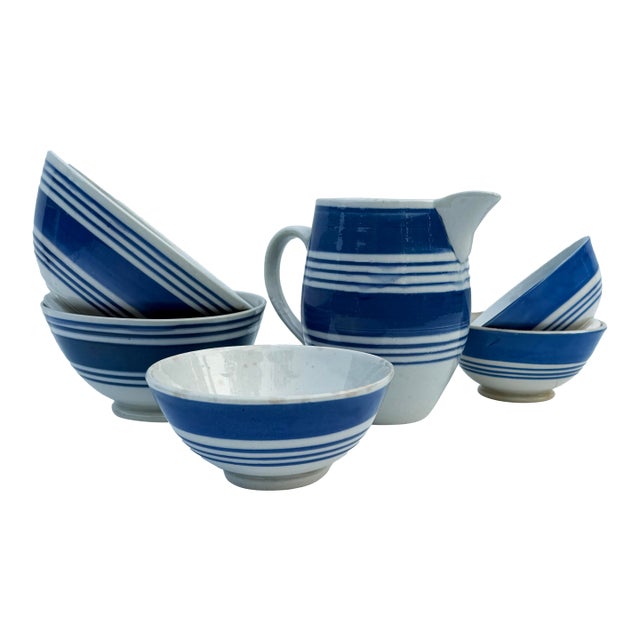Collection of Blue & White English Pottery - Bowls & Pitcher - 6 PCS For Sale