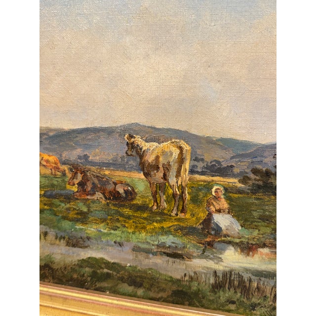 This is a French Barbizon School oil on canvas painting, possibly titled Landscape with Cows and Stream, by Pablo (Pierre)...