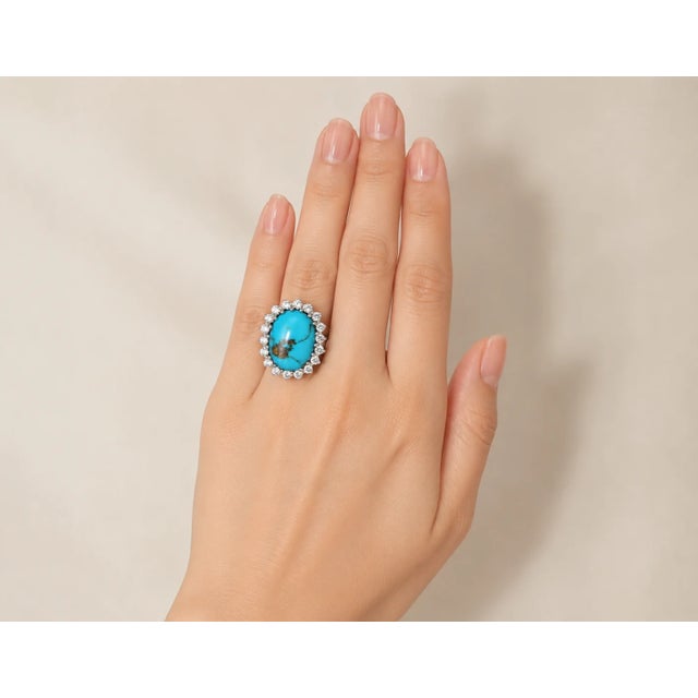 Art Deco Late 20th Century 18K White Gold Handmade Turquoise & Diamond Cocktail Ring, Size 7.25 For Sale - Image 3 of 3
