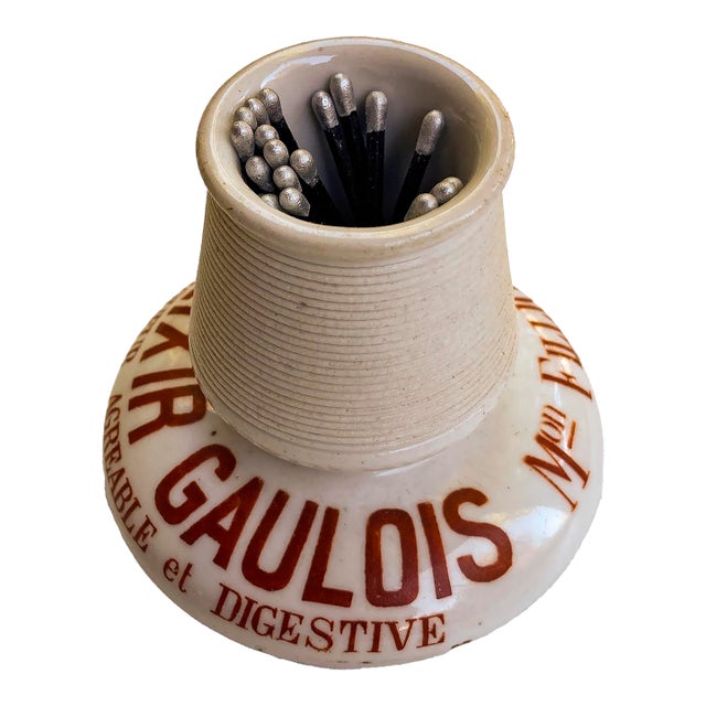 Antique French Exlixir Gaulois Liqueur Ceramic Match Stick Holder For Sale
