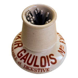 Antique French Exlixir Gaulois Liqueur Ceramic Match Stick Holder