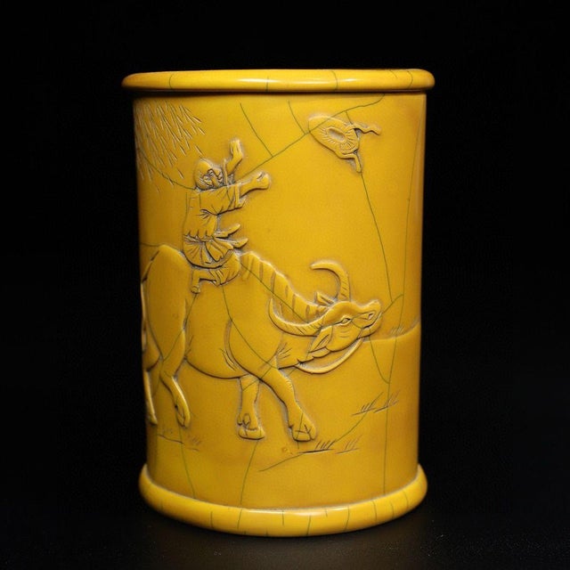 Chinese Vintage Chinese Faux Ivory "Boy on Buffalo" Carved Brush Pot - 530g For Sale - Image 3 of 10