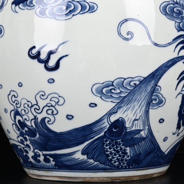 Vintage Blue and White Porcelain Lidded Jar With Dragon and Carp Motif For Sale - Image 4 of 8