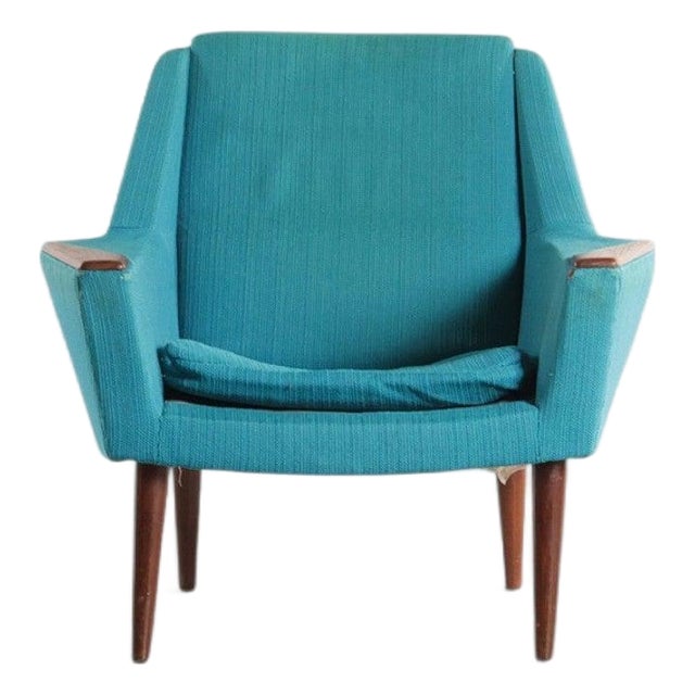 1960s Danish Low-Back Lounge Chair in Blue Wool + Teak For Sale