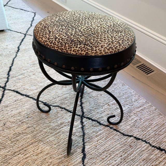 Mid-Century Modern Vintage Wrought Iron Vanity Stool With Leopard Upholstery For Sale - Image 3 of 10