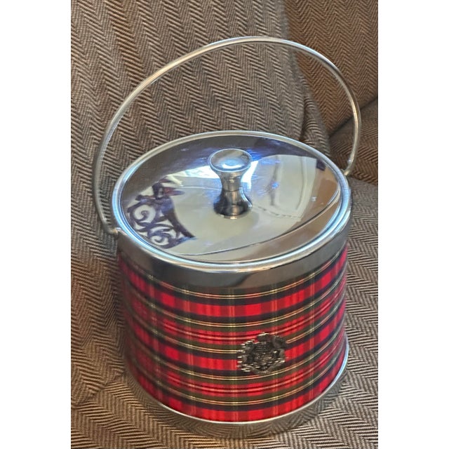 Vintage Red Tartan / Plaid Chrome Lion Crest Ice Bucket For Sale - Image 4 of 8