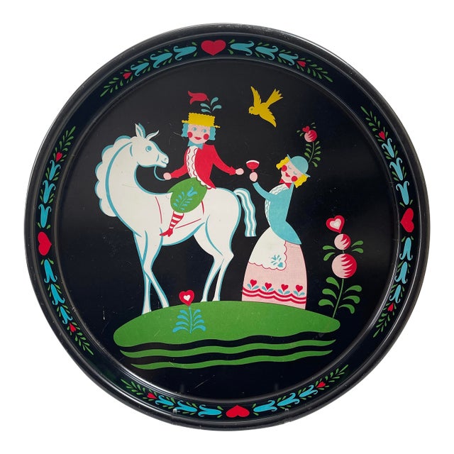 Vintage Scandinavian Folk Art Metal Tray W/ Horse For Sale