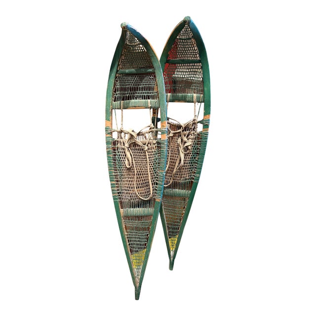 Antique Early 20th Century Cree Snowshoes With Babiche Lacing Green Paint For Sale