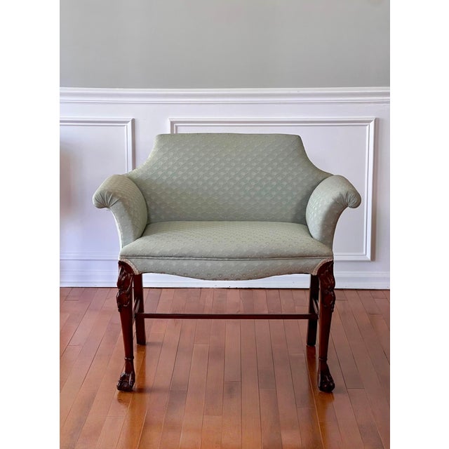 Traditional Georgian Carved Mahogany Upholstered Vanity Bench, Celadon Blue, Early 20th Century For Sale - Image 3 of 18