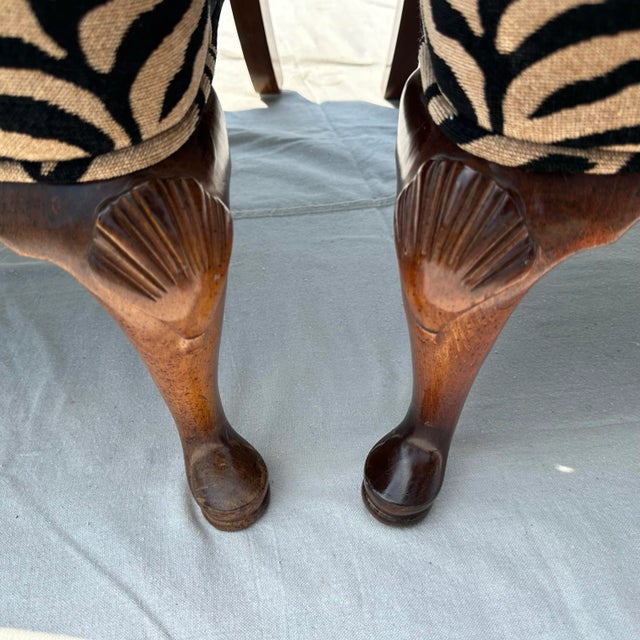 Wood Pair of Bespoke Animal Print Chenille Queen Anne Wingback Chairs – Hollywood Regency For Sale - Image 7 of 7