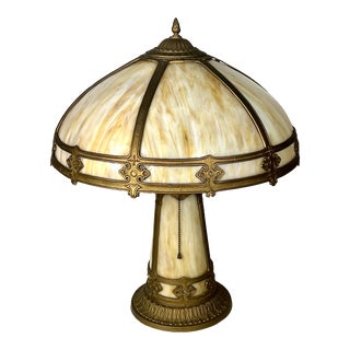 Antique Art Nouveau SlagGlass Double Socket Lamp W Illuminated Base For Sale