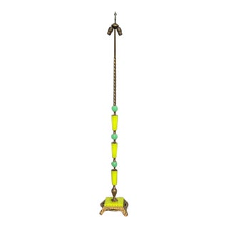 Antique Art Deco Cast Iron, Brass & Jadeite Floor Lamp For Sale