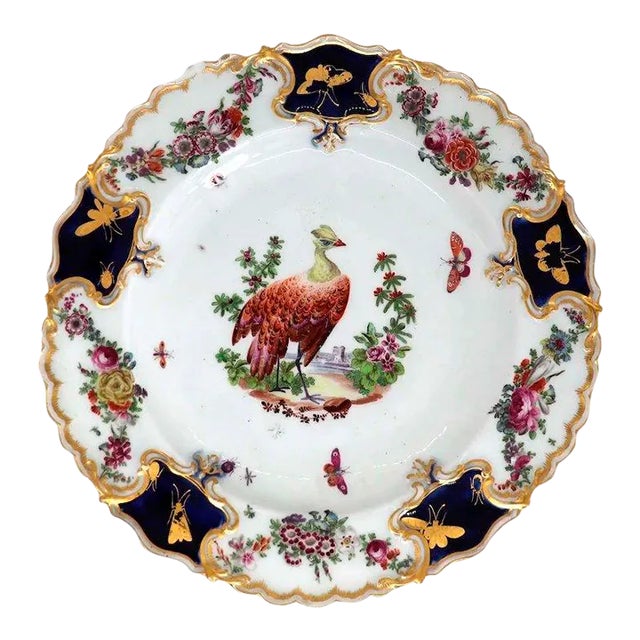 English Chelsea Soft Paste Porcelain Exotic Bird Gilt and Mazarine-blue Plate For Sale