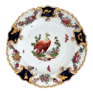 English Chelsea Soft Paste Porcelain Exotic Bird Gilt and Mazarine-blue Plate