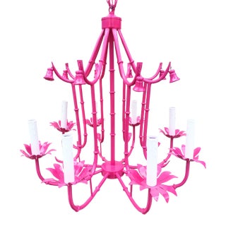 Vintage Bright Glossy Pink Faux Bamboo Bell 8 Light Palm Beach Regency Chandelier Light Fixture For Sale