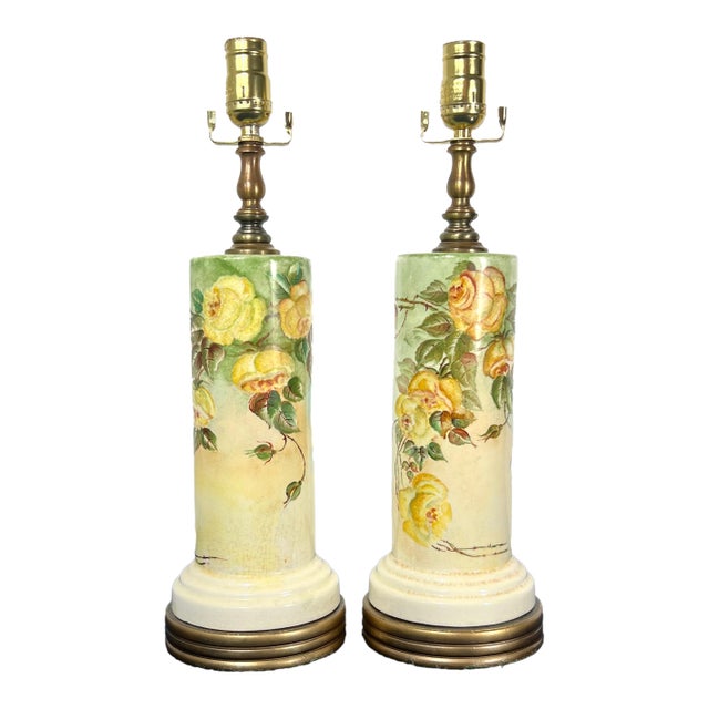 1939 Loevsky & Loevsky Hand-Painted Floral Cylinder Lamps - a Pair For Sale