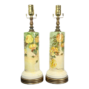Pair of Loevsky & Loevsky Hand-Painted Floral Cylinder Lamps - A Pair