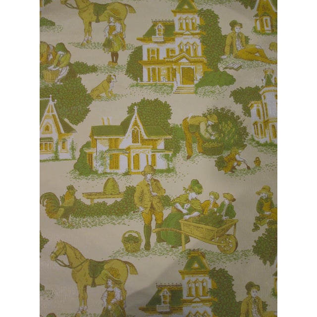Vintage 1970s Mid-century modern Colonial American 19th Century village pastoral scene toile motif vinyl wallcovering....