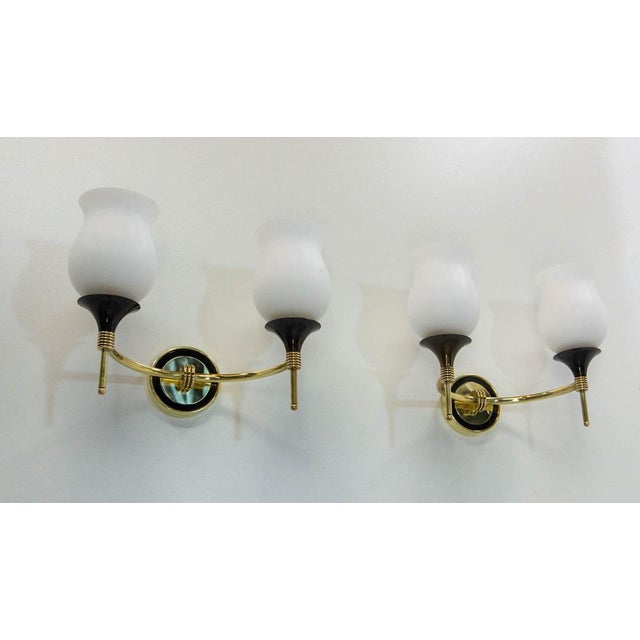 French Double Sconces in Brass and Black Metal with Opaline Glass Shades, 1960s, Set of 2 For Sale - Image 3 of 15