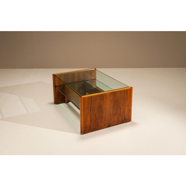 Brutalist Vintage Coffee Table in Walnut and Glass by Officina Rivadossi, Italy, 1970s For Sale - Image 3 of 11