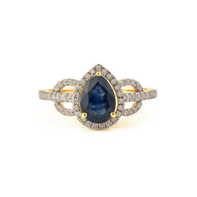 Classic Pear Cut Sapphire & Diamond Engagement Ring Size 5.5 in 14k Solid Gold For Sale - Image 4 of 17