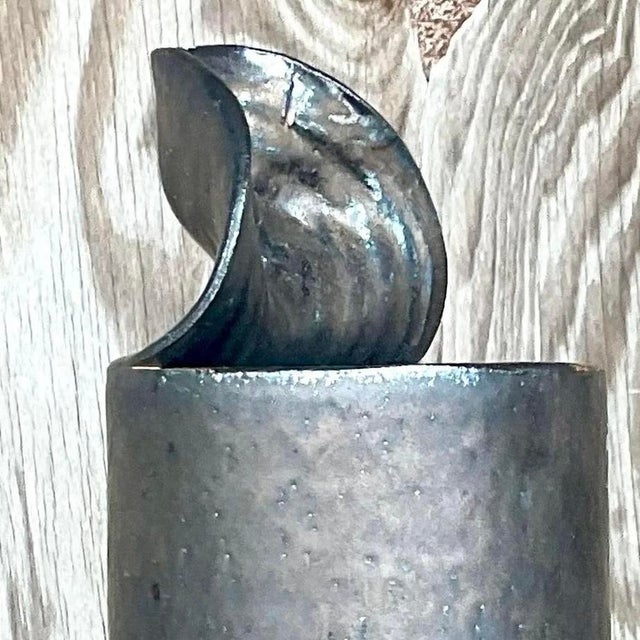 Vintage Brutalist Sculptural Black Studio Pottery Vase For Sale - Image 11 of 13