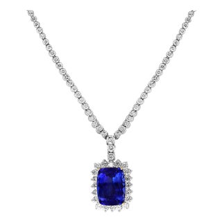 21 Carat Cushion-Cut AAA Tanzanite & 9.5 Ct Diamonds, Pendant Necklace Estate For Sale