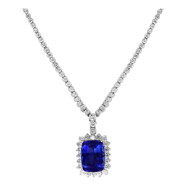 21 Carat Cushion-Cut AAA Tanzanite & 9.5 Ct Diamonds, Pendant Necklace Estate For Sale