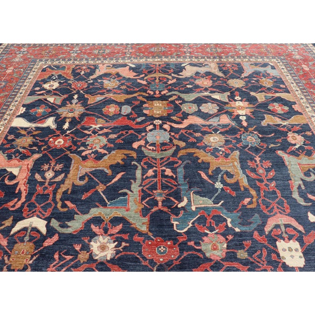 Late 20th Century Large Persian Bidjar Rug With Navy Field and Red Border Floral Design For Sale - Image 5 of 16