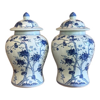 Chinoiserie Blue & White Cherry Blossom Ginger Jars - A Pair For Sale