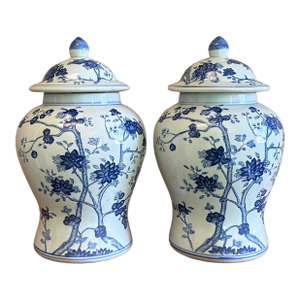 Chinoiserie Blue & White Cherry Blossom Ginger Jars - A Pair