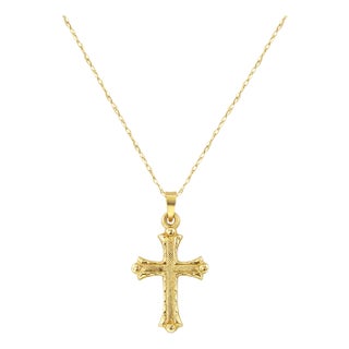 Textured Small Gold Cross Necklace 14k Yellow Gold For Sale