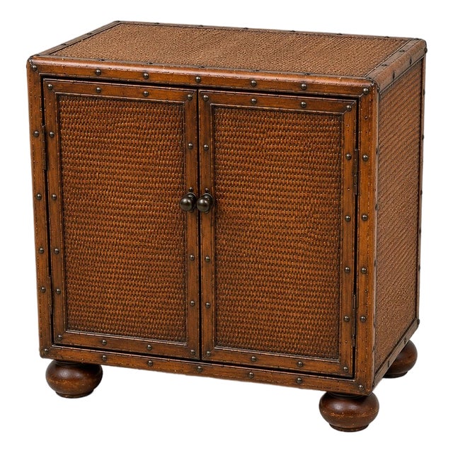 Vintage British Colonial Woven Campaign Accent Cabinet With Leather Trim For Sale