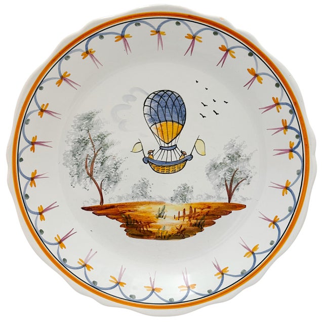 French Provincial Late 20th Century French Faience "Voyage Dans Les Airs" Hot Air Balloon Plates - Set of 3 For Sale - Image 3 of 8