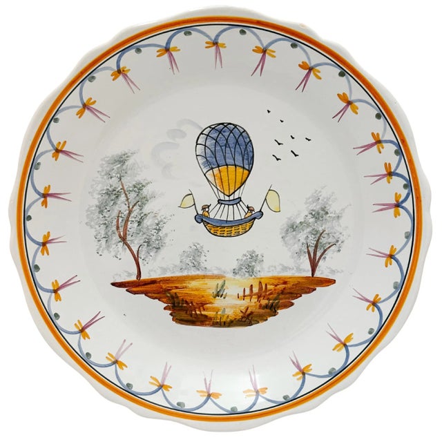 French Provincial Vintage French Faience "Voyage Dans Les Airs" Hot Air Balloon Plates - Set of 3 For Sale - Image 3 of 8