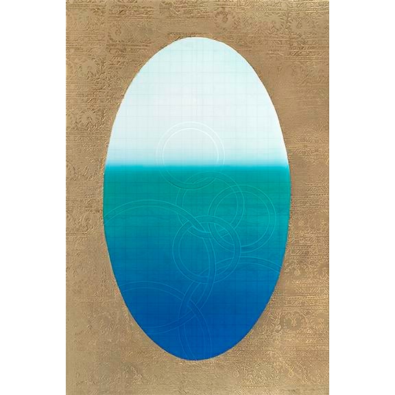 Rebecca Koury "Tapestry of Tropical Waters" Blue Teal Gold Contemporary Abstract Painting, Acrylic and Mixed Media on Canvas, Carmel California Art For Sale