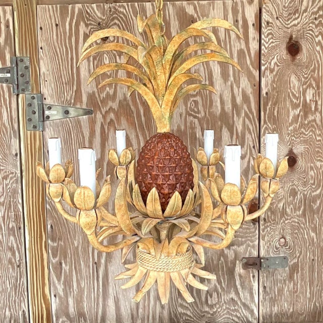 Coastal Vintage Coastal Faux Finished Pineapple Chandelier For Sale - Image 3 of 7