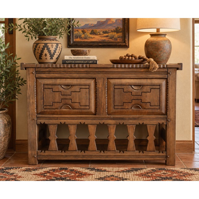 Handsome Ernest Thompson Southwestern-style wood storage chest featuring the substantial construction and distinctive...