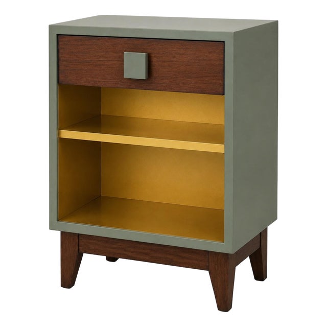 Mid-Century Modern Nightstand in Sagewood Green™, Satin Walnut & Metallic Gold For Sale