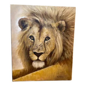 Late 20th Century Lion Portrait Oil Painting by Mike Emeney